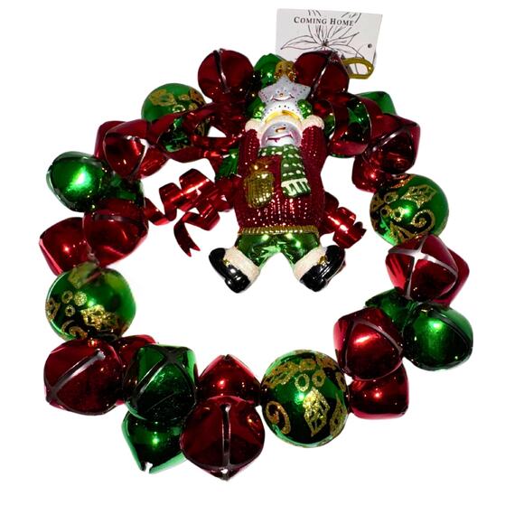 Jingle Bell Christmas Wreath with Snowman Ornament – Red & Green Metal Bells - Picture 6 of 10